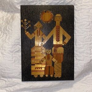 Vtg USSR Russian Wood‎ Straw Inlaid Wall Plaque Man Woman Child Family Folk Art